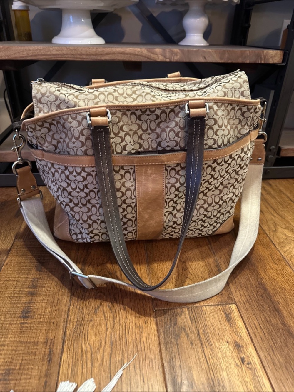 Coach Beige Signature Canvas Tote with Tan Leather Trim